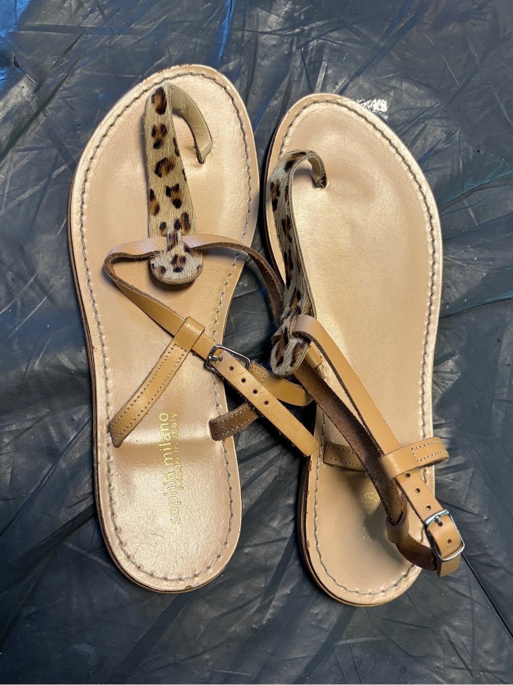 Sophia Milano Tan Leather Leopard-Trim T-Strap Sandals